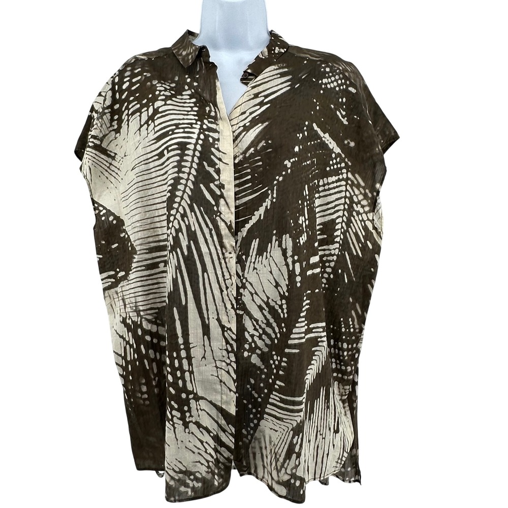 Lafayette 148 Silk Blend Button Up Blouse Earthy Luxury Womens XL Palm Print